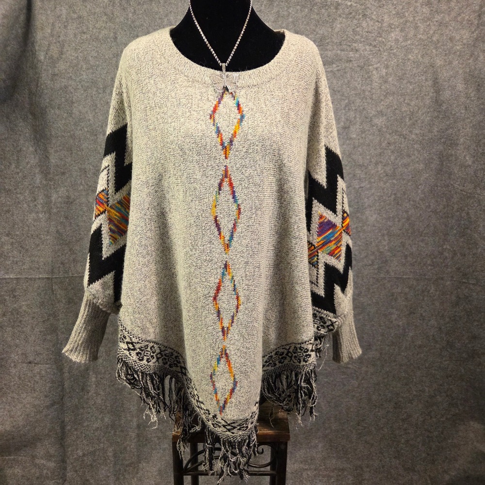 Adora Plus Southwestern Aztec Geometric Fringe Poncho Sweater Gray 1X/2X Rainbow